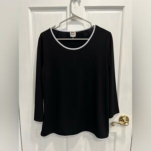 ANN KLEIN Black With White Trim Blouse Back Detail SIZE LARGE Work Wear PreLoved